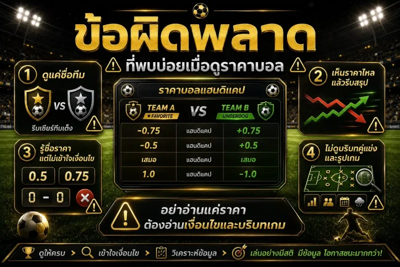 สรุปข้อผิดพลาดที่พบบ่อยเมื่อดูราคาบอล เช่น ดูแต่ชื่อทีม ตีความราคาไหลเร็วเกินไป และเข้าใจเงื่อนไขราคาไม่ครบ