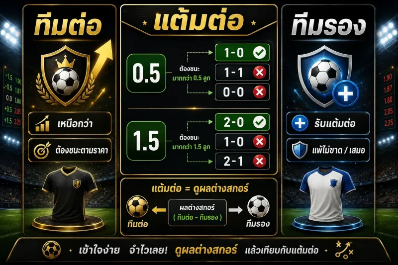 ทีมต่อ ทีมรอง และแต้มต่อในราคาบอล พร้อมตัวอย่างราคา 0.5 และ 1.5