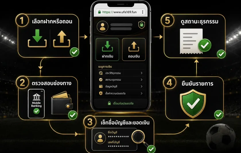ทางเข้า UFABET มือถือ กับระบบฝากถอนผ่าน UFA169 ตรวจช่องทาง ยอดเงิน และสถานะธุรกรรมบนมือถือ
