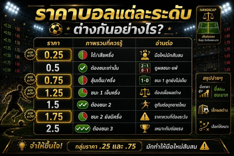 ตารางสรุปราคาบอลแต่ละระดับ พร้อมความต่างของราคา 0.25 0.5 0.75 1.25 1.5 1.75 และ 2.5